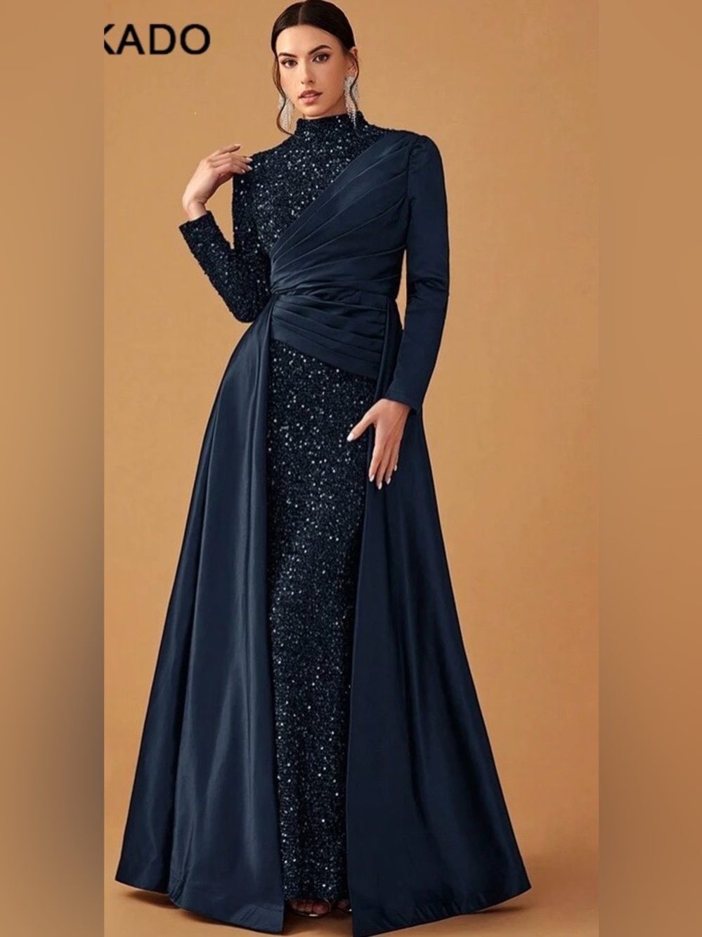Navy Long Sleeve Sequin Evening Gown